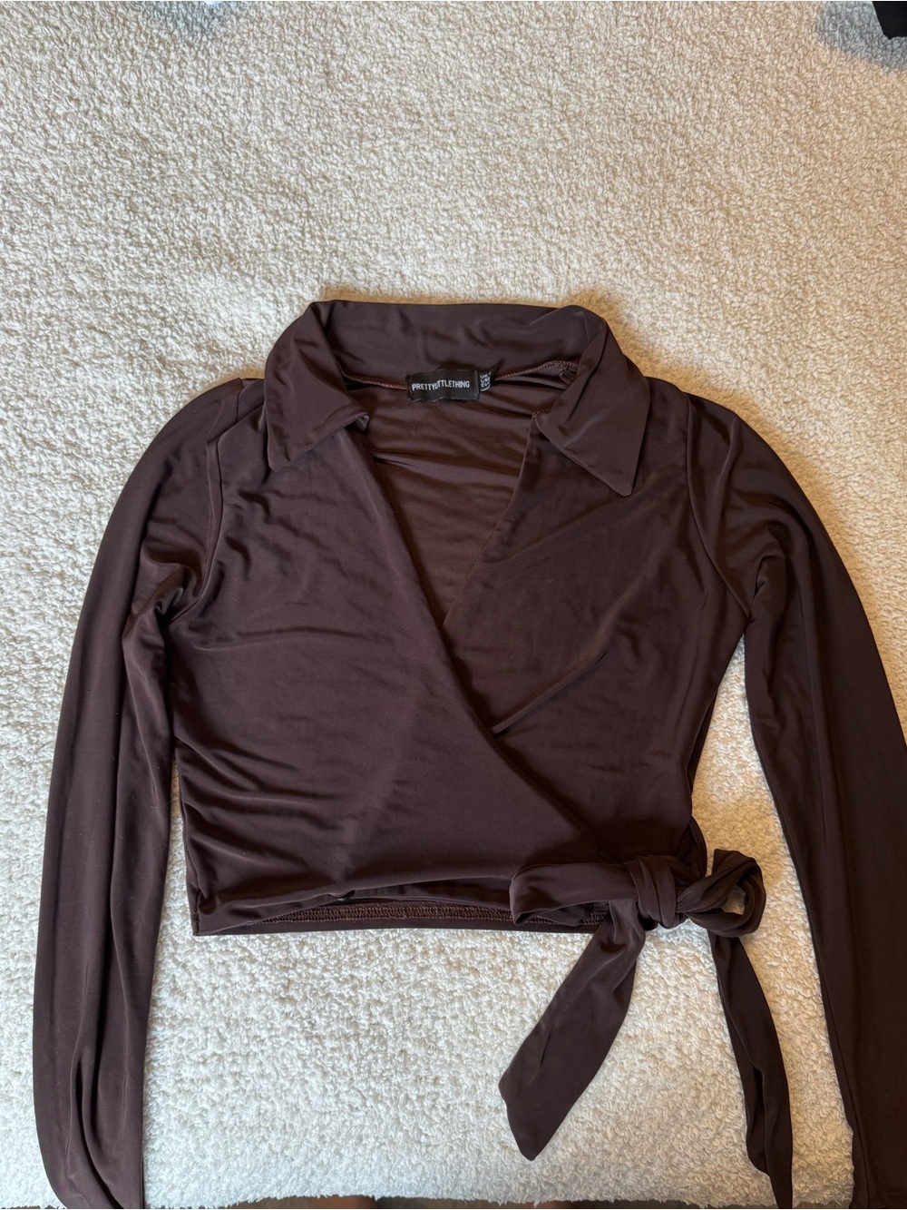 PrettyLittleThing Dark Brown Wrap Crop Top with Tie Waist